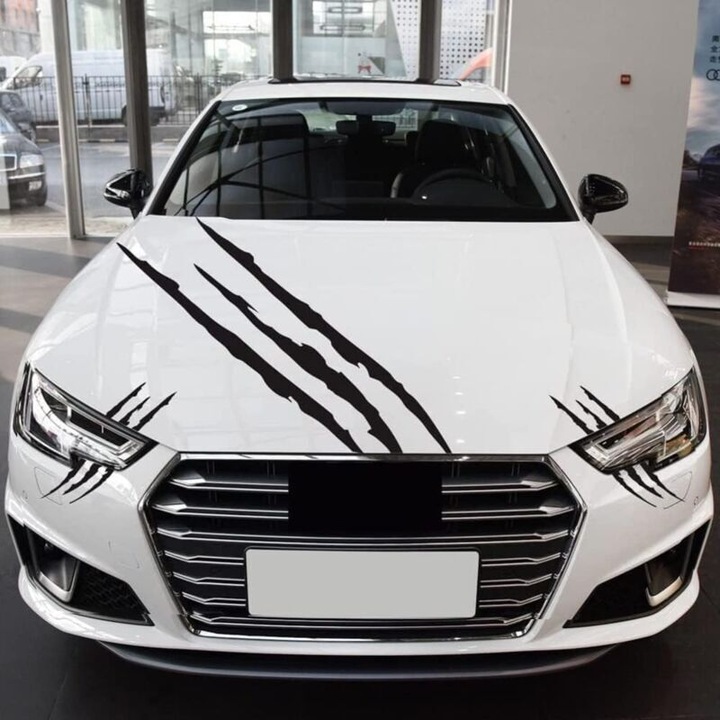 Autocolante decorative pentru capota auto, 3 piese, autocolante pentru faruri, autocolante laterale impermeabile (negru), 130x34cm, 38x13.5cm