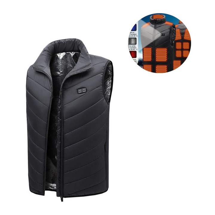Vesta incalzita unisex, 17 zone de incalzire, neagra, 3XL