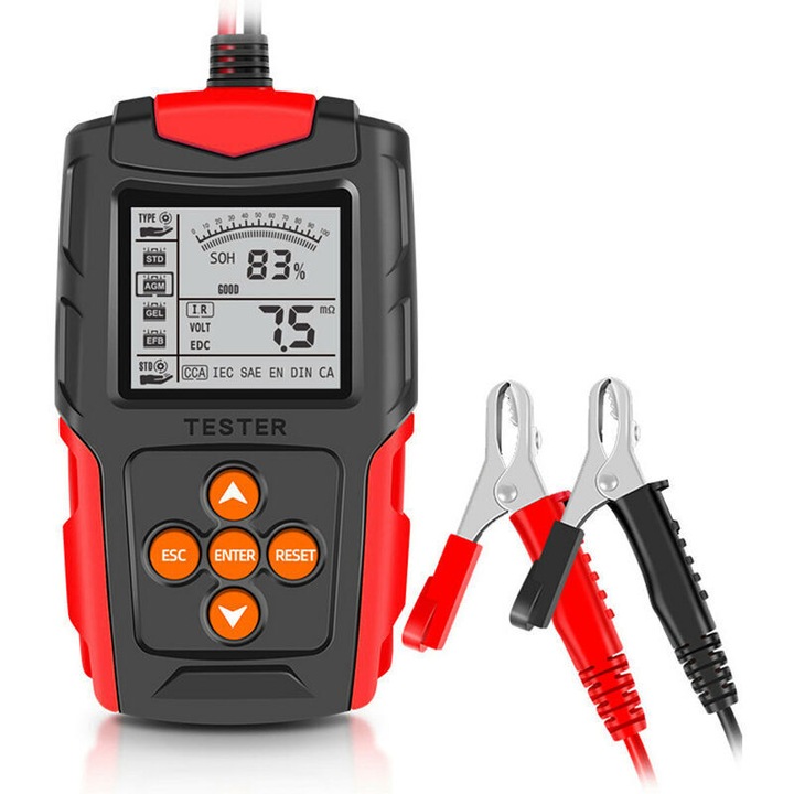 Tester baterie auto, 12V/24V, rosu, 2.7" LCD, 150x90x35mm, set complet