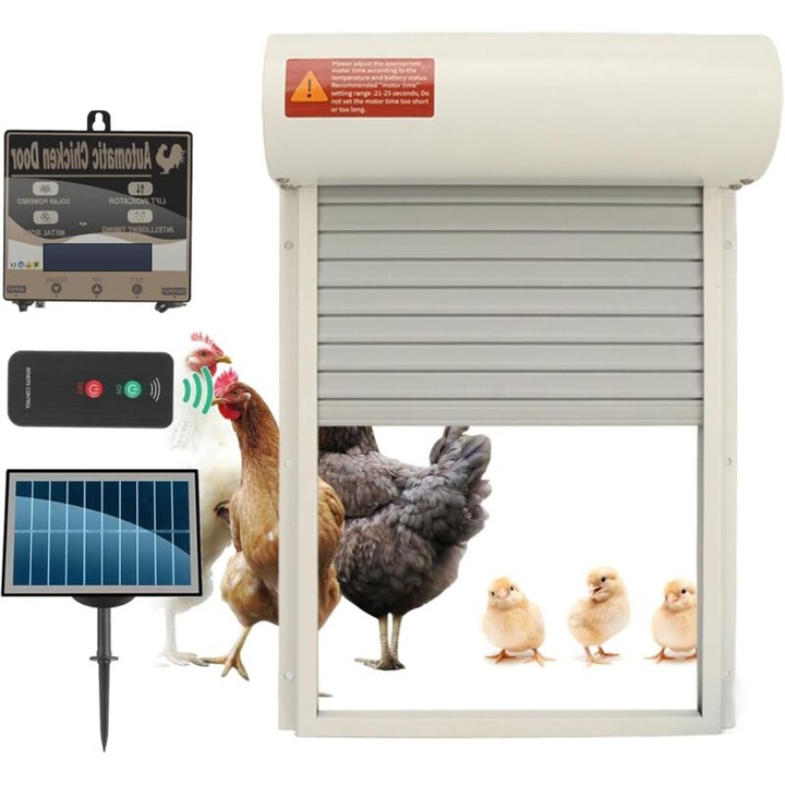 Usa automata pentru cotet de pasari, 3 in 1, senzor de lumina, control timer, alimentare solara, dimensiuni 37x24.7cm