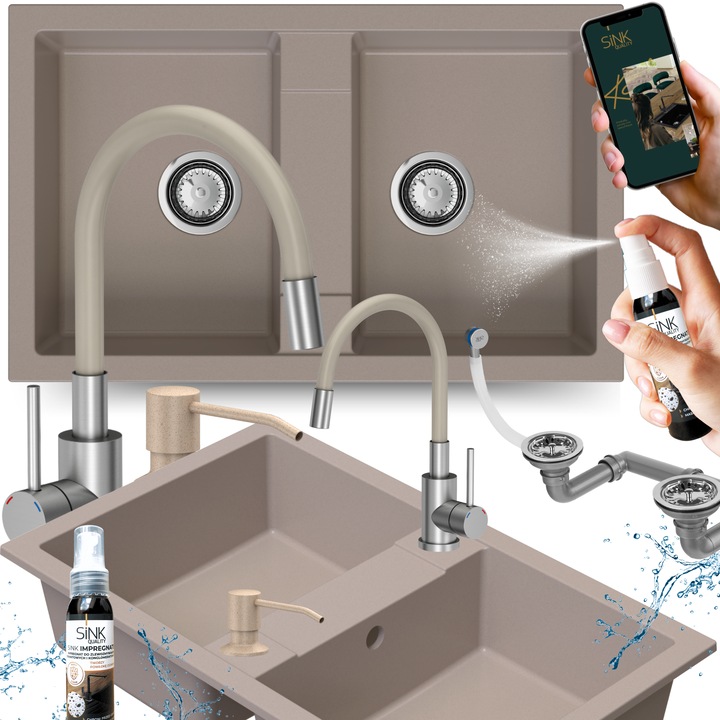 Set chiuveta bucatarie TWINO, 2 cuve, bej, cu baterie elastica si dozator, 780x410x160mm