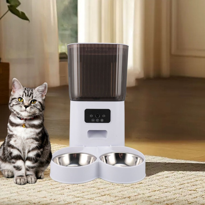 Dispenser automat de hrana pentru pisici, 5L, cu bol din otel inoxidabil, usor de curatat, alimentare duala