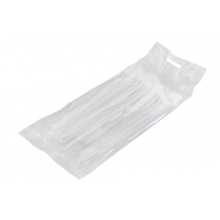 Coliere bride nailon plastic 4.8 x 200 mm, 100 bucati, culoare alb