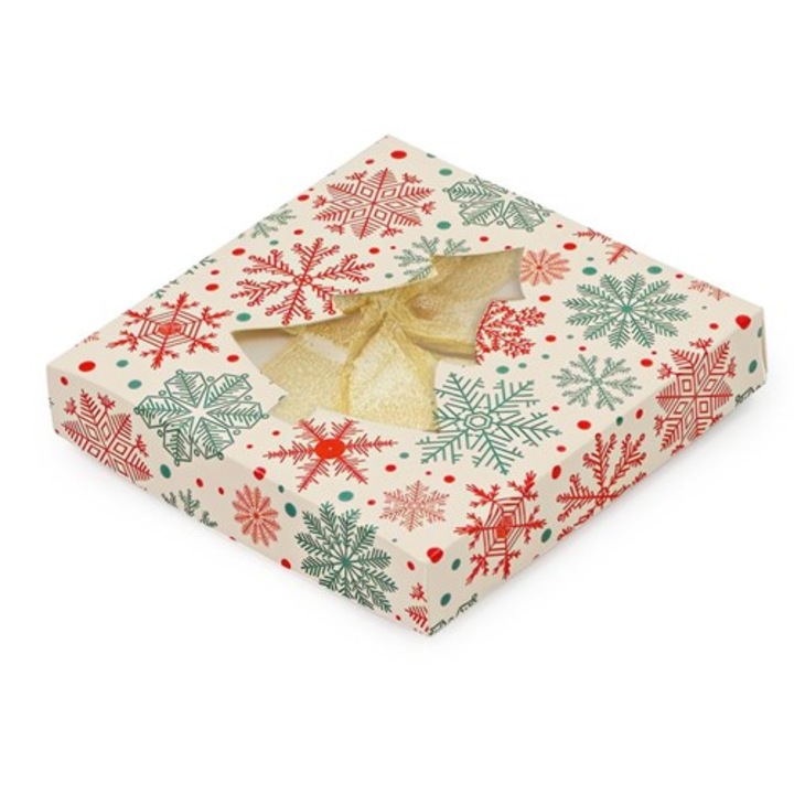 Cutie decorativa NEOPAK, pentru cadouri de Craciun, cu fereastra bradut si fulgi de nea, 150x150x25mm, Alba, din carton, 280 g/m²