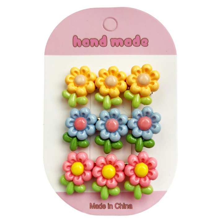 Set 3 Clame de Par pentru Copii, Flori cu tulpina, Clips metalic auriu, 5 cm, Multicolor, Accesorii par fetite