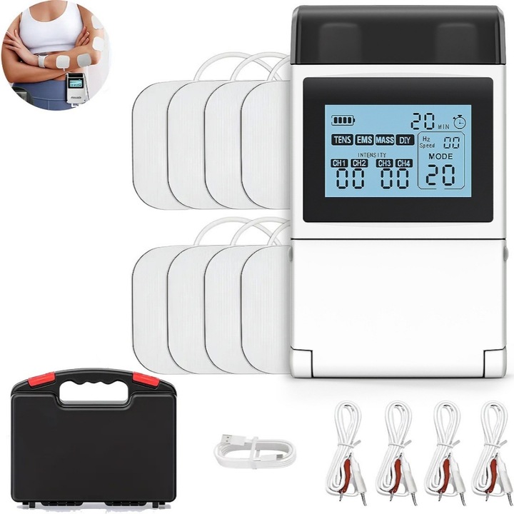 Aparat de masaj, 60 de moduri, 4 canale de iesire, intensitate reglabila, usor de transportat, 300 mA, alb