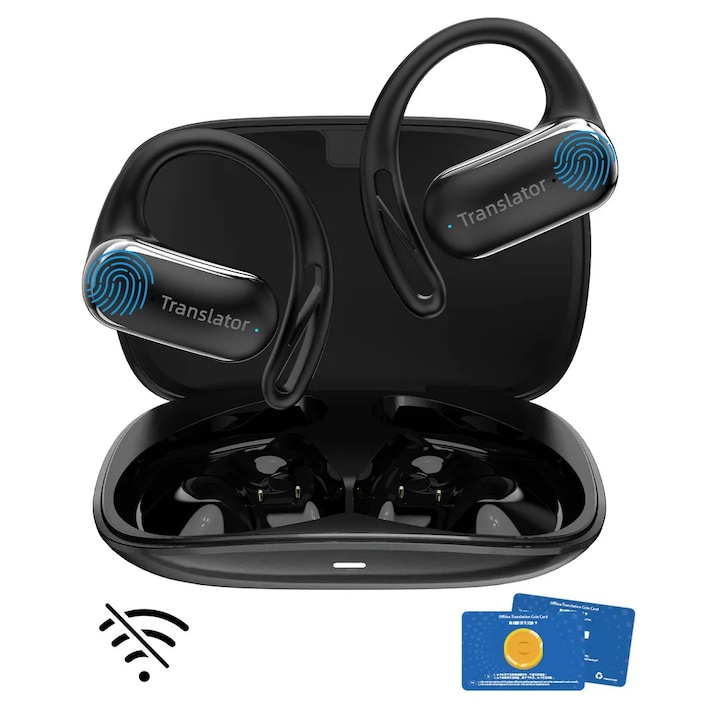 Casti cu traducere AI, fara internet, traducator de 144 de limbi online si 11 offline, in timp real, confortabil, 3 in 1, casti intraauriculare OWS pentru calatorii, afaceri si invatare, negru