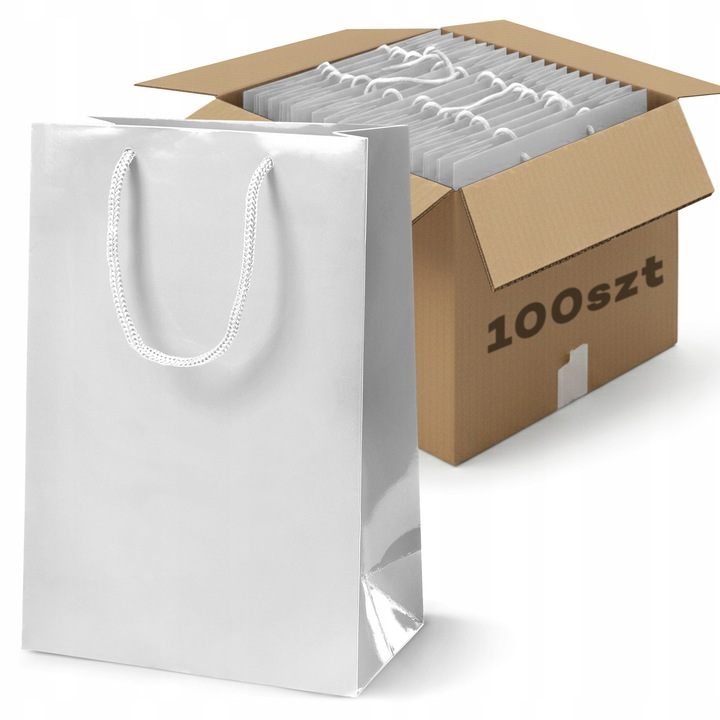 Set 100 pungi de hartie laminata, Allbag, 24x9x32 cm, alb, 190 g/m2