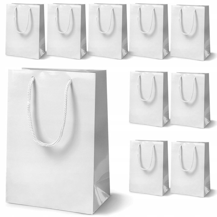 Set 10 torbe de prezent din hartie laminate, 17x7x21 cm, albe, 190 g/m2
