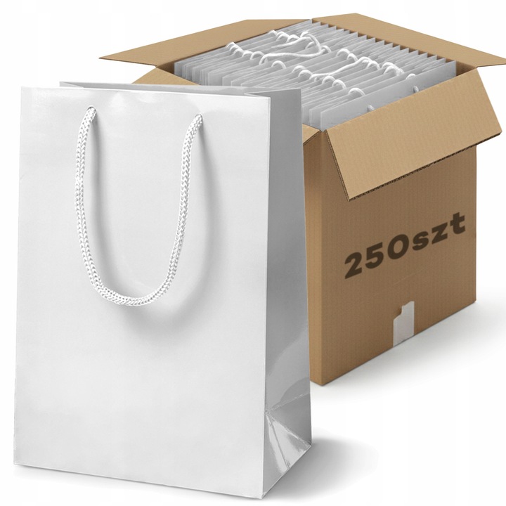 Set 250 pungi cadouri laminate, Allbag, alb 17x7x21cm, 190g/m2, maner din sfoara sintetica