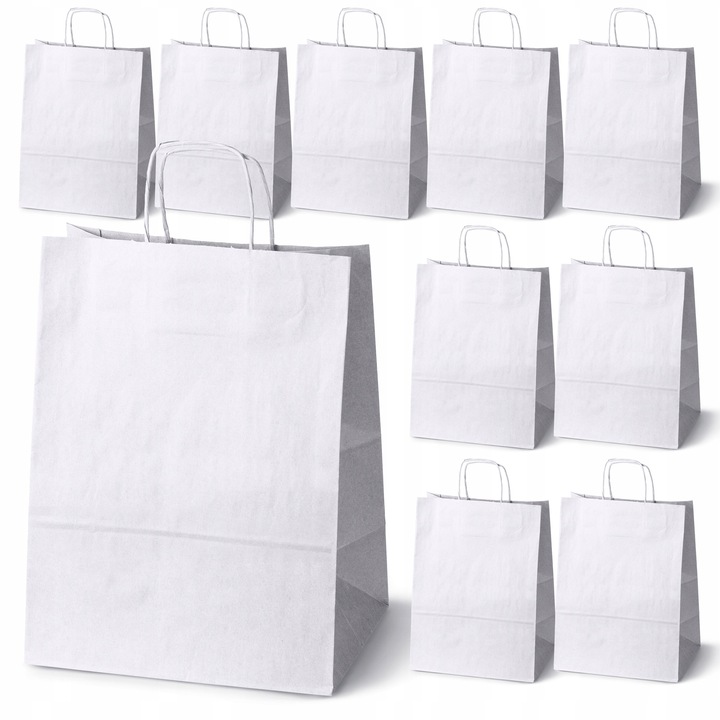 Set 10 PUNGI din hartie, Allbag, 30,5x17x42,5 cm, alb, 100 g/m2