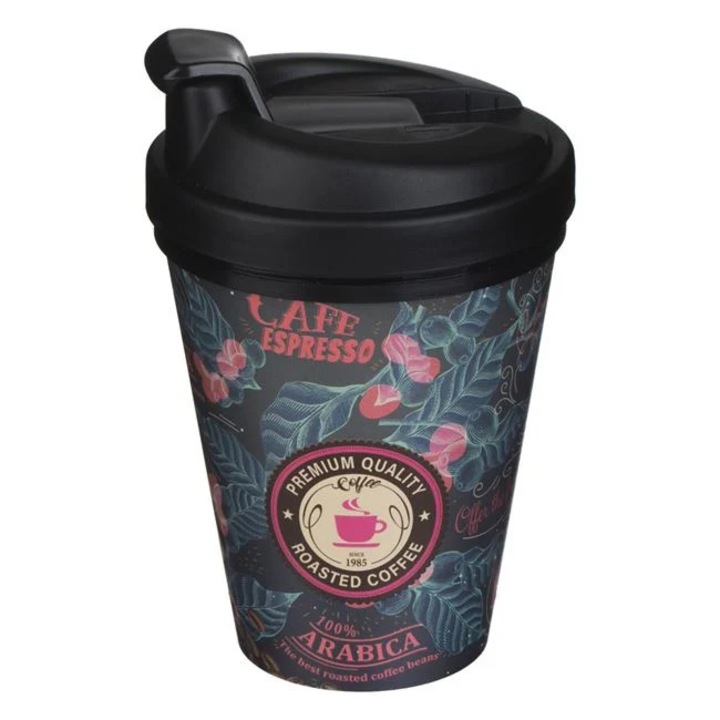 Pahar din plastic cu capac, model cu frunze tropicale, 400ml