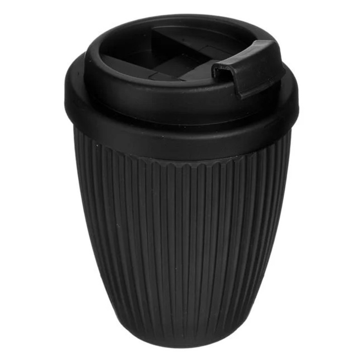 Pahar din plastic negru cu capac, model cu dungi 290ml