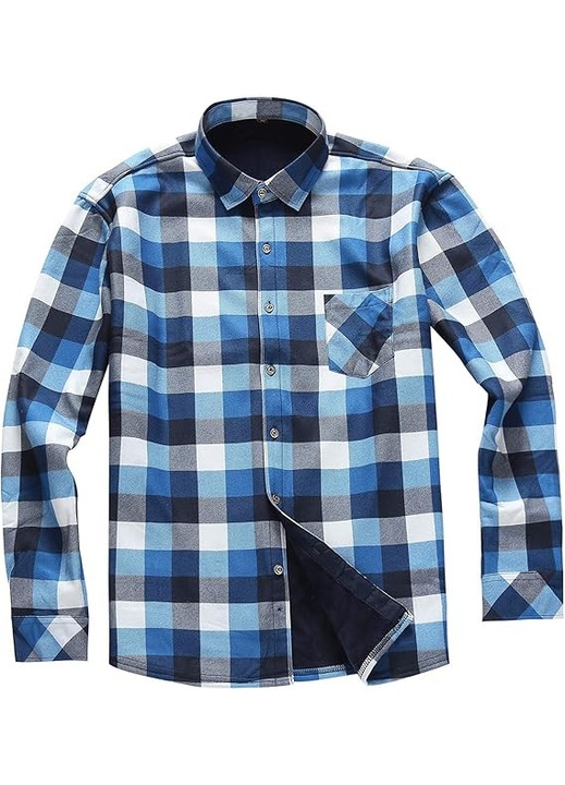 Camasa captusita, tip jacheta, in carouri, cu fermoar si buzunare cu capse, Albastru/Alb, Albastru