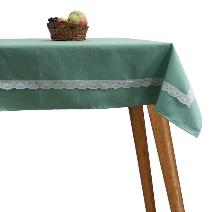 Fata de masa cu dantela, Atelier Mosorel, 160x120 cm, din bumbac, colectia Home Lichen Fildes, verde lichen, 230 gsm