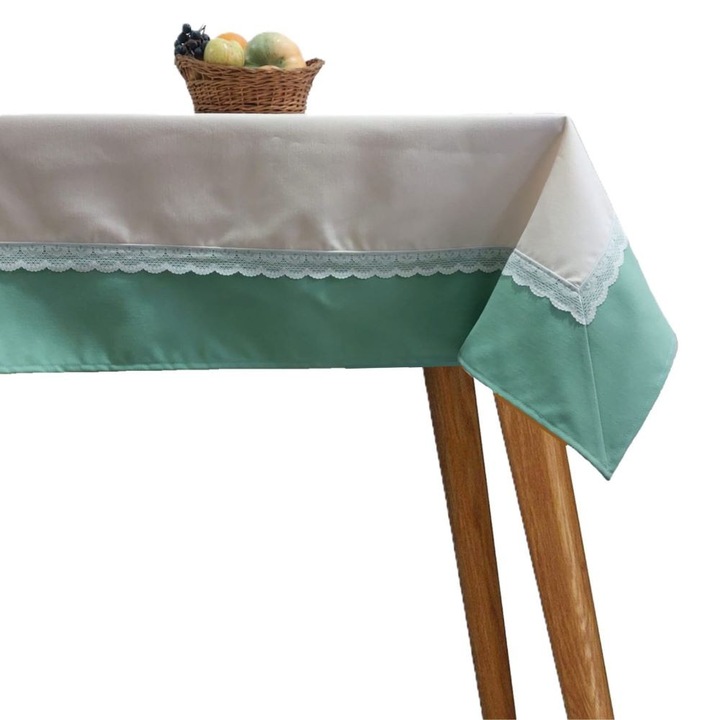 Fata de masa bicolora cu dantela, Atelier Mosorel, 220x130 cm, bumbac, colectia Home Lichen Fildes, ivoire fildes cu drapaj verde lichen, 230 gsm