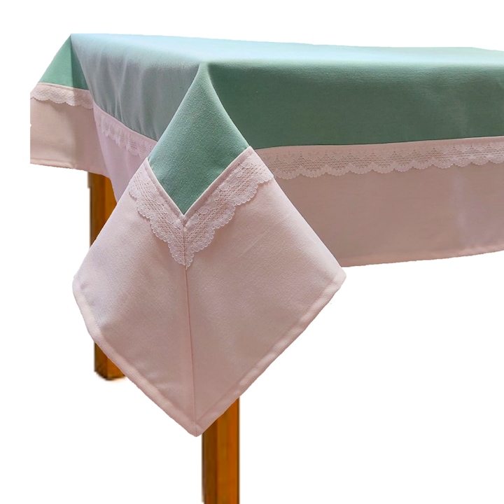 Fata de masa bicolora cu dantela, Atelier Mosorel, 220x130 cm, bumbac, colectia Home Lichen Fildes, verde lichen cu drapaj ivoire fildes, 230 gsm