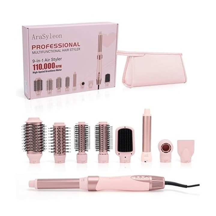 Set de coafat AraSyleon 9-in-1 – Dispozitiv de coafat cu ioni, motor de 110.000 RPM, ondulator automat de 32 mm, perii cu aer cald oval 68 mm/48 mm + perii rotunde 32 mm/25 mm, perie de indreptat parul si uscator de par
