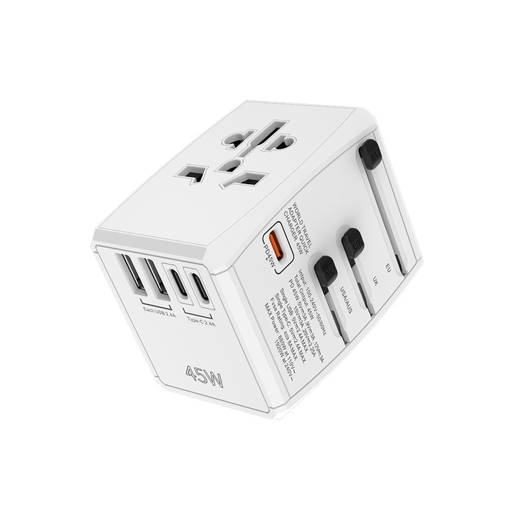 Univerzális Nemzetközi Utazó Adapter, GaN 45W, 1 PD 45W Type-C+2 USB+2 Type-C, US, UK, EU AU, CN. Fehér