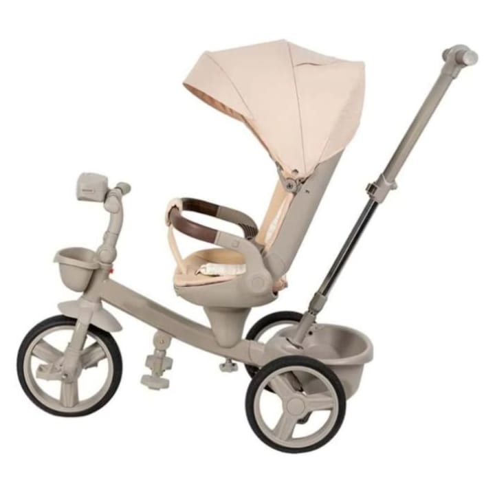 Tricicleta pentru copii, Splendor, cu sezut reversibil si pozitie de somn, roti din cauciuc PVU, suport pentru picioare, spatar reglabil, functie de roata libera, crem