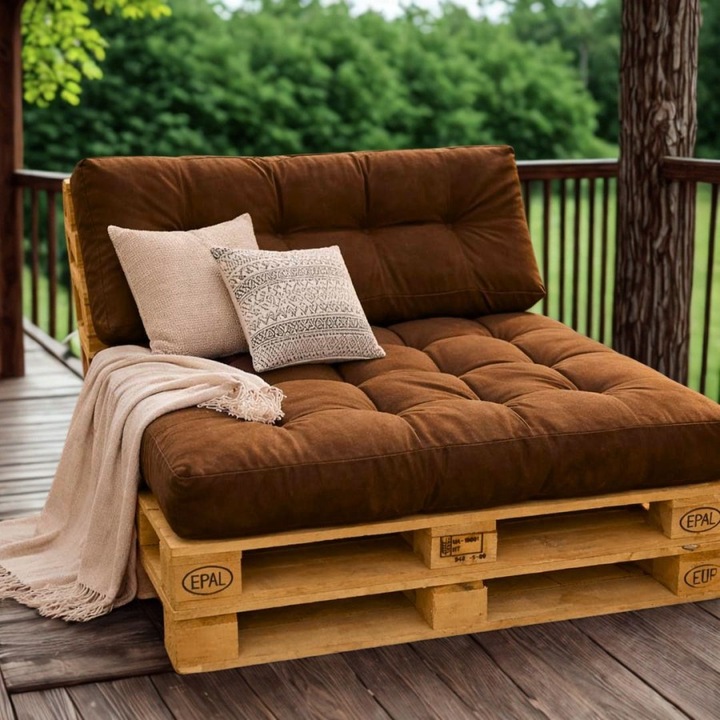 2 db vastag raklap párna kerti bútorokhoz, ülőpárna és háttámla, 1 db ülőpárna 80x120 cm, 1 db háttámla párna 45x120 cm, Különleges Ágyneműk, Barna