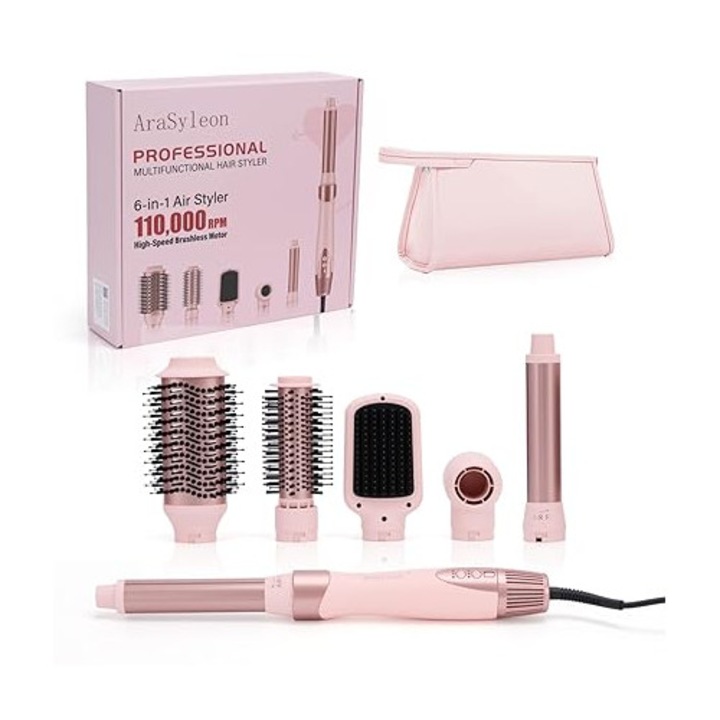 Set AraSyleon 6‑in‑1 Hair Styler & Airstyler – Dispozitiv de coafat cu ioni cu motor de 110.000 RPM, ondulator automat de 32 mm, perii cu aer cald oval de 68 mm + rotund de 32 mm, perie de indreptat parul, adaptor pentru uscator de par