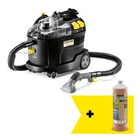 Aparat de curatat/Aspirator cu spray-extractie Karcher Professional Puzzi 8/1 Re!Plast Go!Further, 1200 W, pompa 40 W, rezervor apa 8 l, presiune 1 bar, vacuum 27 kPa, duza pentru tapiterie, detergent RM 764N OA 1L, furtun stropire/aspirare 2.5m