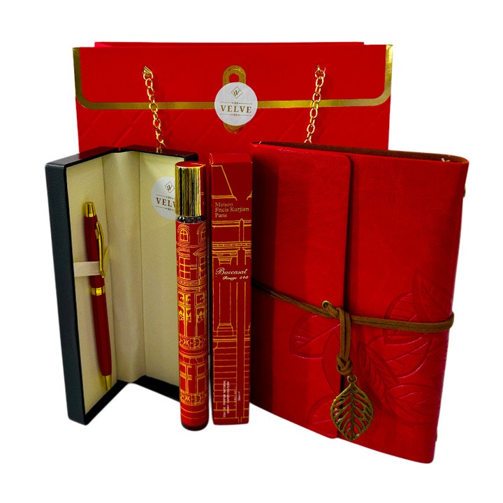 Set cadou premium Prestige Red unisex, cu jurnal, pix si parfum M. F. Kurkdjian 35 ml, Velve