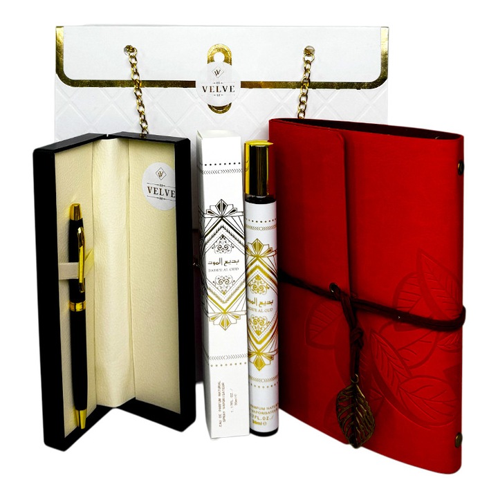 Set cadou premium Prestige White unisex, cu jurnal, pix si parfum Badee Al Oud 35 ml, Velve