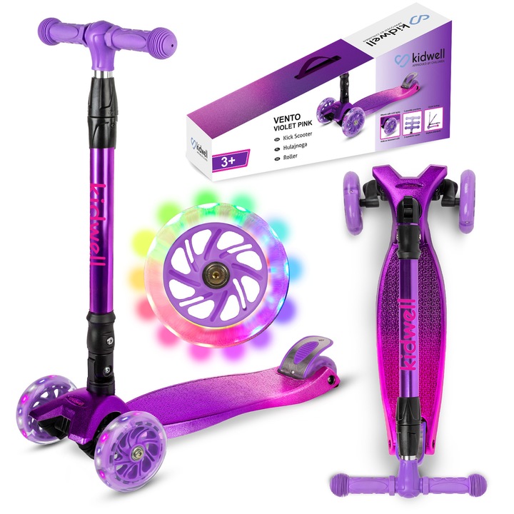 Trotineta Kidwell VENTO, 3 roti, design cu LED, violet-roz, pentru copii 90-155 cm