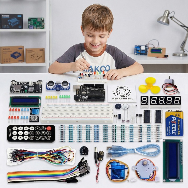 Kit programare Arduino Starter UNO R3, Folixs, Include placa de dezvoltare UNO, compatibila cu Arduino UNO R3, UNO R4, MEGA 2560 R3 si NANO, Pentru incepatori, Tutoriale CD incluse, Multicolor