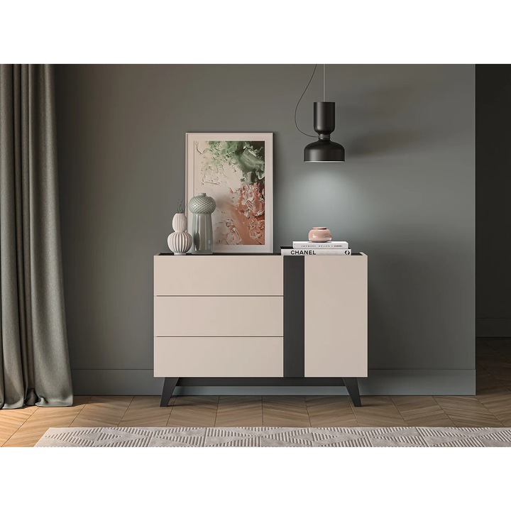 Comoda cu 1 usa si 3 sertare, pal casmir/negru, pe picioare, 120cm lungime x 40cm adancime x 85 cm inaltime, deschidere push open, canturi abs, inchidere usi silentioasa