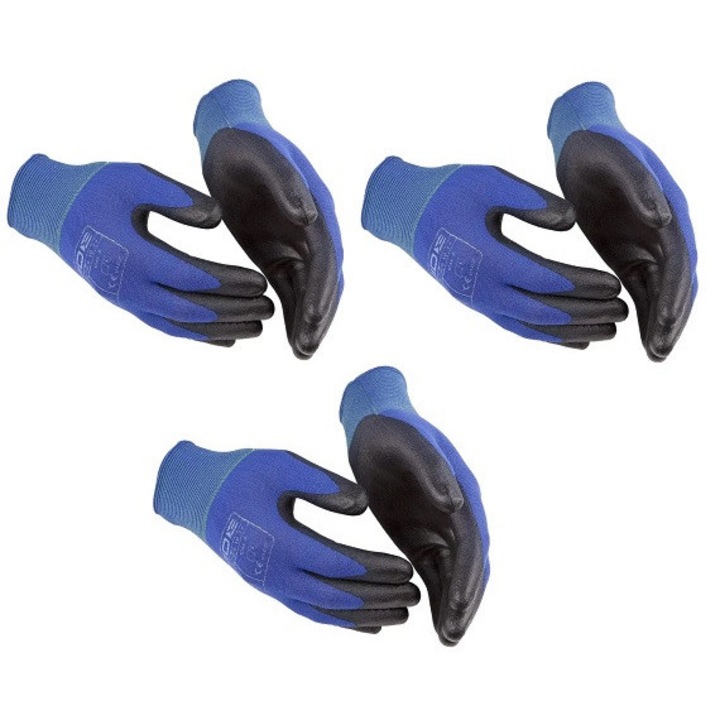 Manusi de lucru cauciucate, antiderapante, marimea 10, set 3 perechi, albastru/negru, rezistente pentru uz profesional