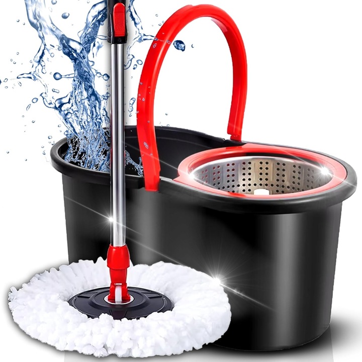 Mop rotativ cu galeata si sistem spin VarioShop®, maner telescopic, 2 rezerve microfibra, roti pentru transport, curatare eficienta si usoara