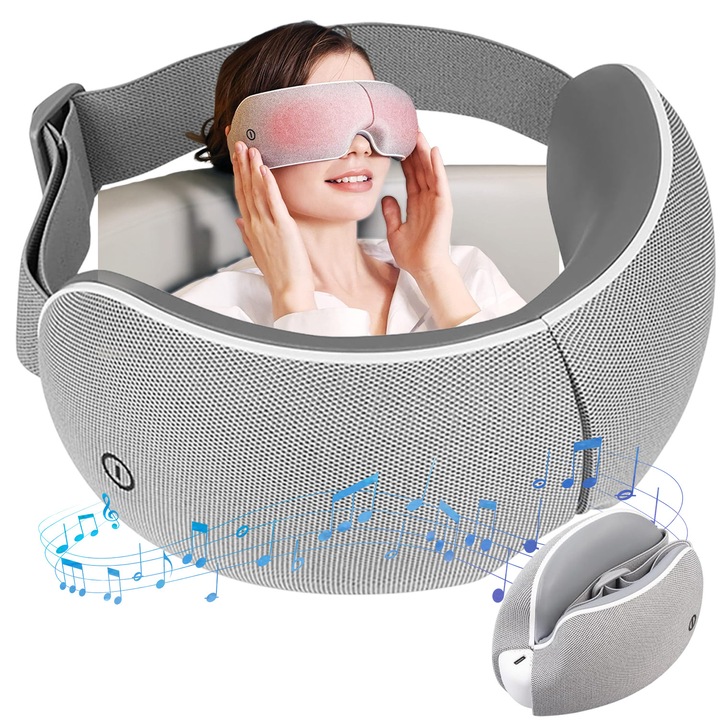 Aparat de Masaj Profesional pentru Ochi, Bedee, 4 moduri diferite de masaj, incarcare tip C, temperatura constanta confortabila de 43℉, muzica Bluetooth personalizabila, pliabil, 21*13*8.5cm, 1100mAh, o poti folosi si ca masca de ochi pentru somn