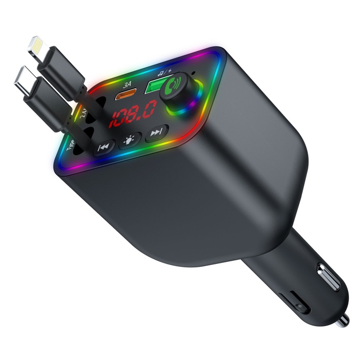 Incarcator Auto Rapid 120W si Modulator FM Bluetooth 5.3 Wyred by Monga - Drive MAX, 4 porturi, 2 Cabluri Retractabile 80cm (Type-C, Lightning), USB-A & Type-C, Hands-Free, LED, Negru