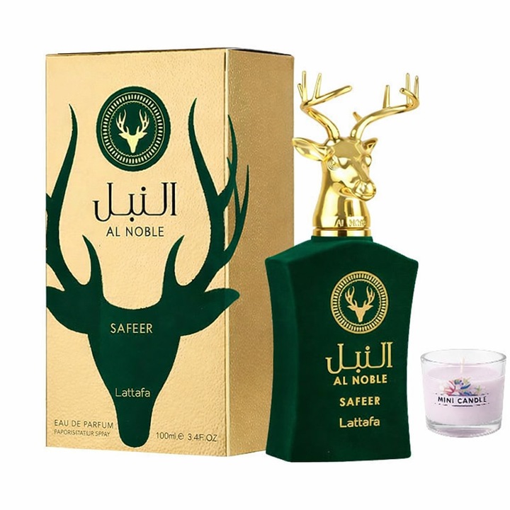 Set Apa de Parfum Lattafa Al Noble Safeer, Unisex, 100ml, Parfum Arabesc cu Lumanare parfumata