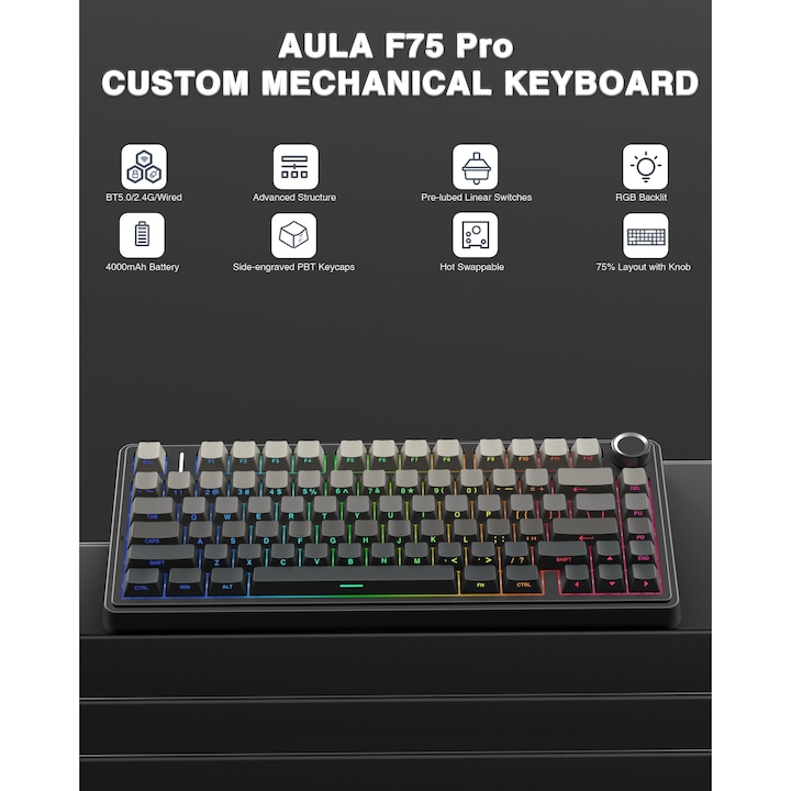 Безжична механична клавиатура AULA F75 Pro, персонализирана 75% hot-swappable клавиатура с копче, RGB подсветка, предварително смазани суичове Reaper, PBT капачки за клавиши със страничен печат, 2.4 GHz/USB-C/BT5.0 механични геймърски клавиатури