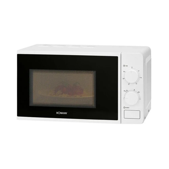 Cuptor cu microunde Bomann, capacitate 20 litri, 6 trepte de putere, functii dezghetare/incalzire, timer 30 minute, semnal sonor finalizare program, ilumintare interioare, platou rotativ 24.5 cm, interior cu strat usor de curatat, design compact, alb