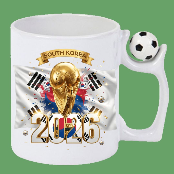 Cana South Korea World Cup 2026 Fifa V2, Cadou, Sarbatori, Cri-Flo, Maner cu minge Anti Stres, Culoare Alb, 330 ml