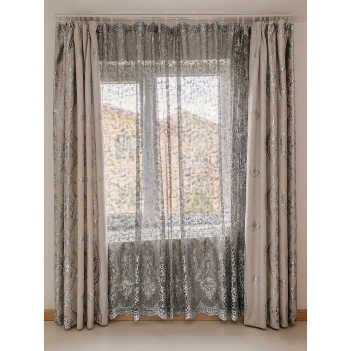 Set 2 perdele, gata confectionate, Usor de instalat pe sina, Gri cu argintiu, 290*240 cm
