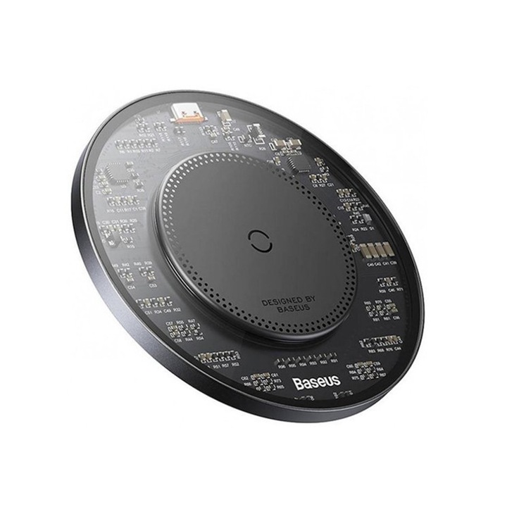 Incarcator wireless Wireless Charger (CCJJ050001) Transparent, Universal for Phone, Earbuds, 15W, 1.67A with USB C Cable Negru