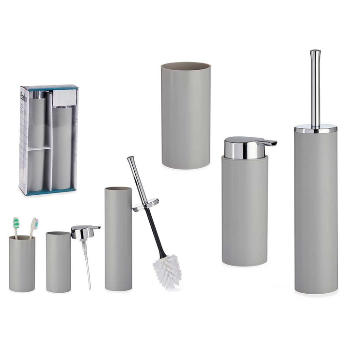 Set Baie 3 Piese Arte Regal Berilo, Dozator Sapun Lichid, Pahar si Suport perie WC cu Capac, Polipropilen, Culoare Gri Deschis