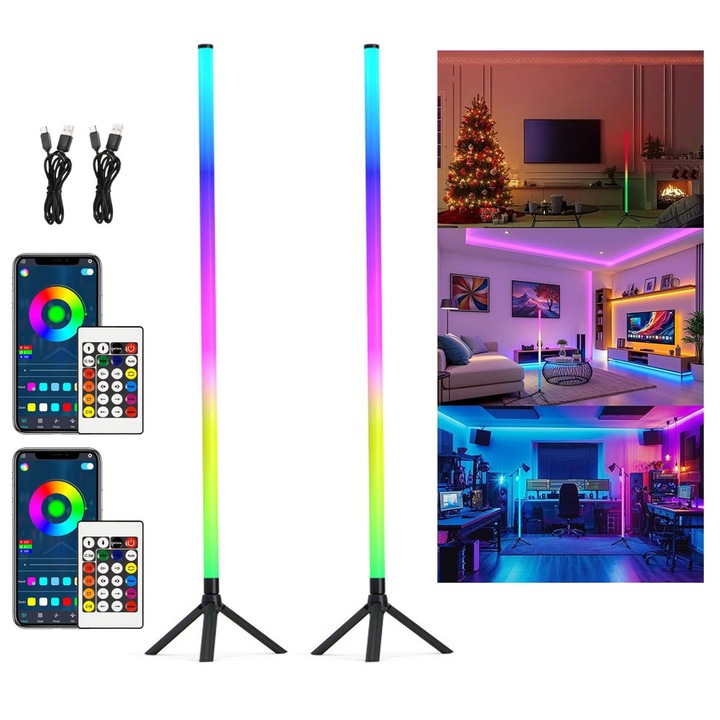 Lampa de podea din colt, asskanaer, Lampa de podea RGB LED colorata, Lumina ambientala, Culori 16M, Poate fi controlat prin telecomanda, Aplicatie pentru telefon inteligent, Pentru dormitor, camera de zi, camera de jocuri, Plastic, 124 cm, Negru