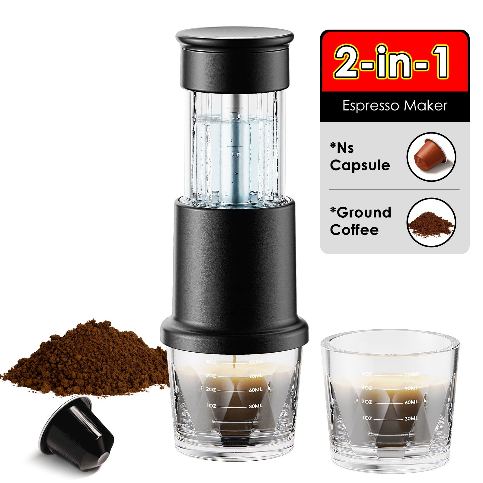 Aparat de cafea cu capsule, presare manuala, rezervor de apa 80 ml, ceasca de cafea 120 ml, capacitate 5 g, 78 x 220 mm, negru