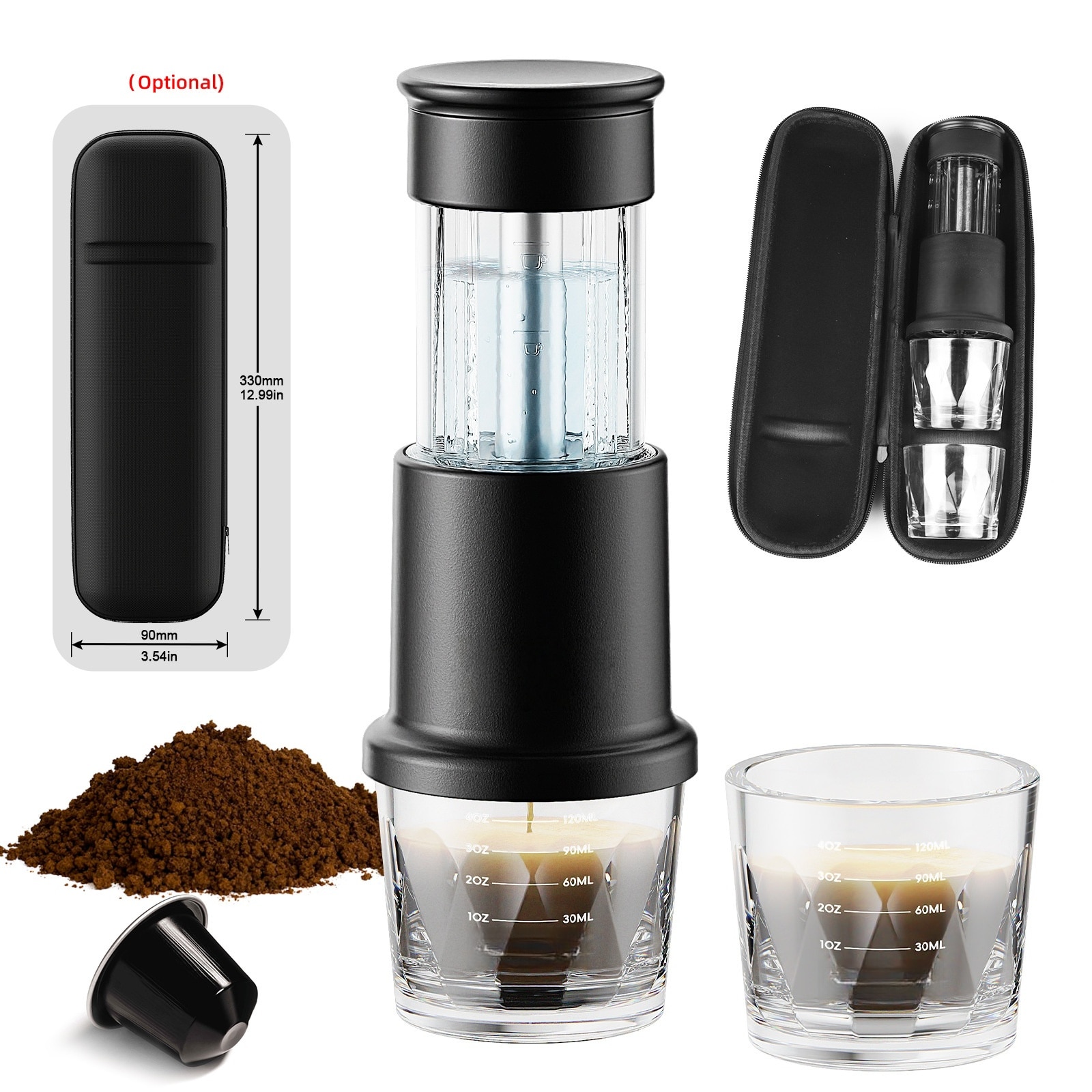 Aparat de cafea cu capsule, presare manuala, rezervor de apa 80 ml, ceasca de cafea 120 ml, capacitate 5 g, 78 x 220 mm, negru