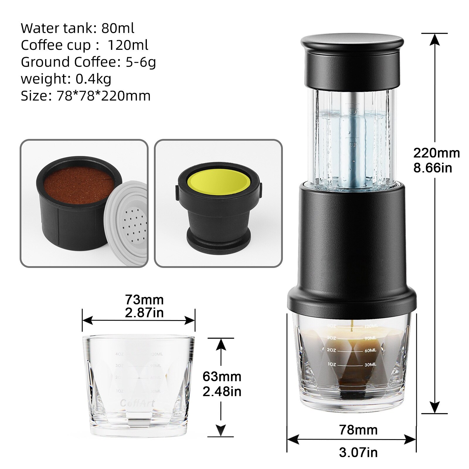 Aparat de cafea cu capsule, presare manuala, rezervor de apa 80 ml, ceasca de cafea 120 ml, capacitate 5 g, 78 x 220 mm, negru