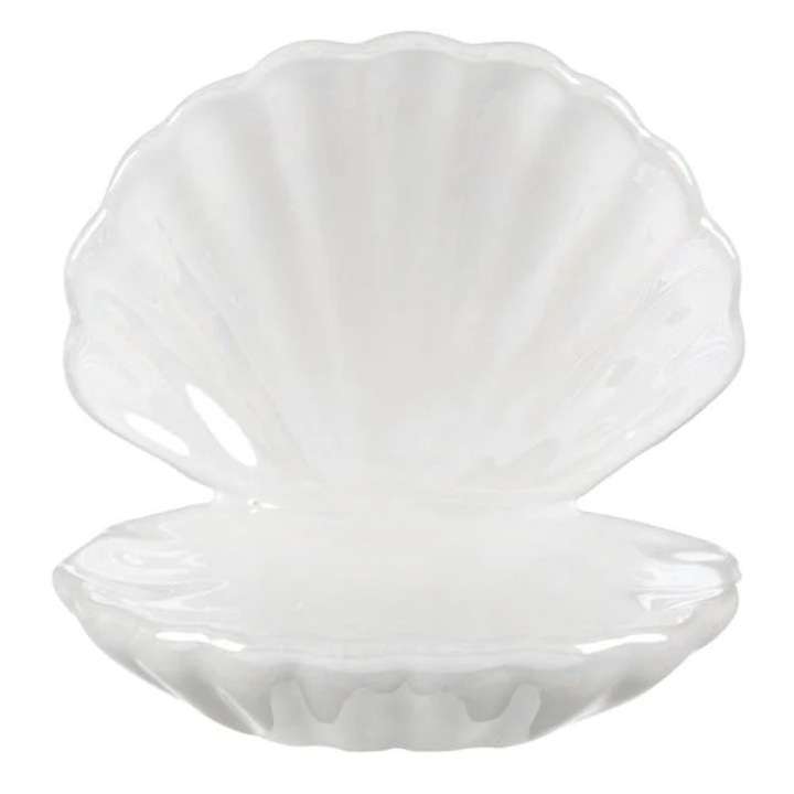 Organizator bijuterii ceramica alba irizata forma scoica deschisa 11x11cm