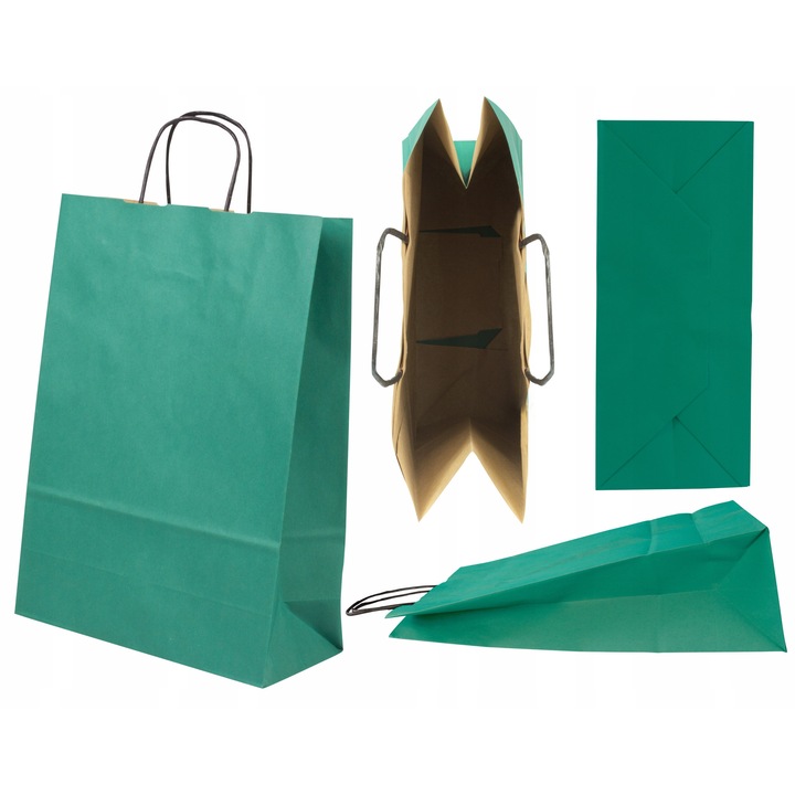 Set 10 torbe de hartie, Allbag, 24x10x32 cm, verde inchis, manere negre