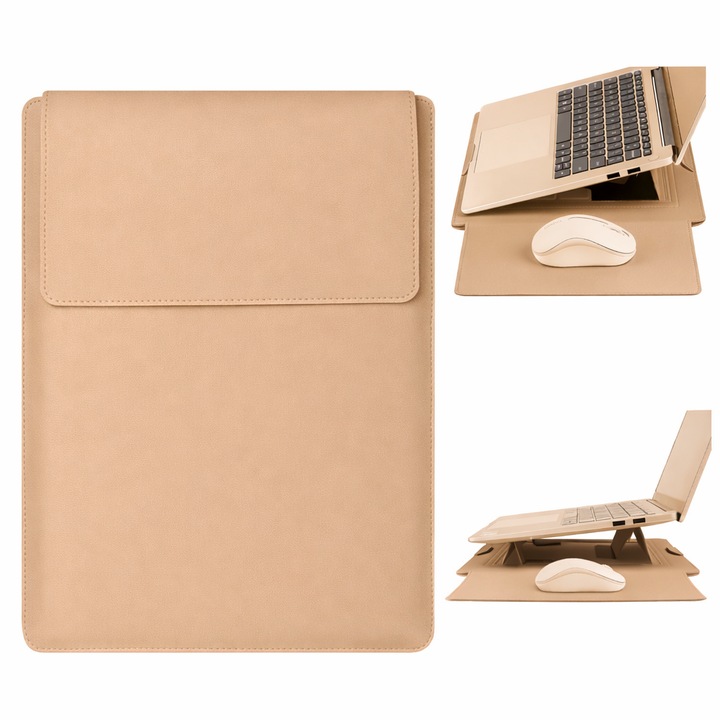 Laptop tok 13-14 inch, oein®, 3 az 1-ben összecsukható állvánnyal, kompatibilis MacBook Air, MacBook Pro, Öko bőr, Univerzális méret, 34 x 25 cm, Poros khaki